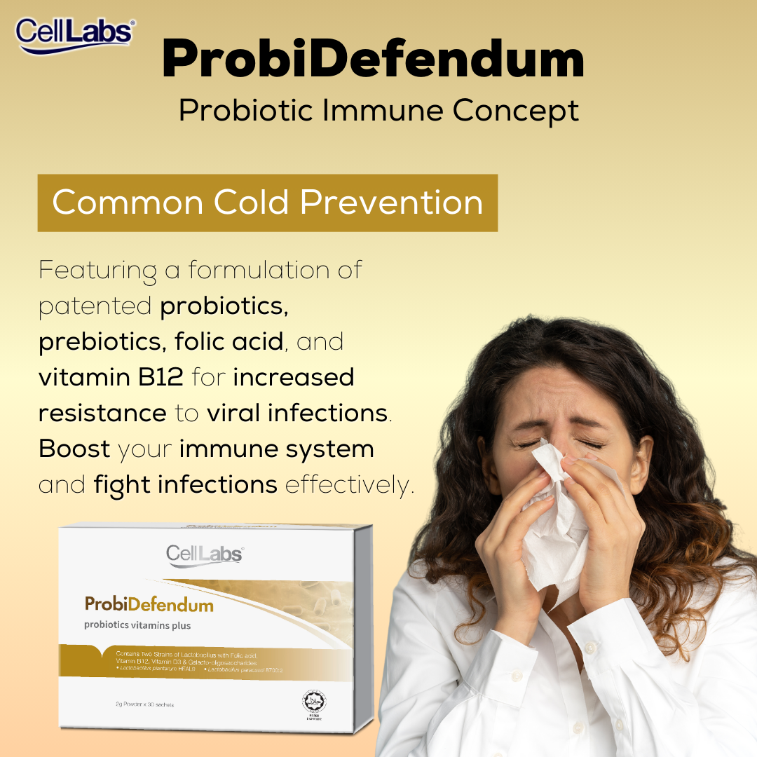 Infographic for CellLabs ProbiDefendum with product image, image of woman sneezing, and information on the benefits of probiotics and prebiotics.