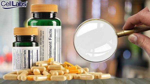 Image dietary supplements and a magnifying glass to magnify the supplement label.
