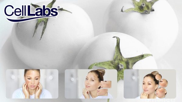 Image of white tomatoes with pictures of woman with lightened skin tone, reduced pigmentation, and fading dark spots.