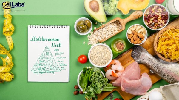Image of the different food sources of a Mediterranean diet for CellLabs' blog on its benefits.