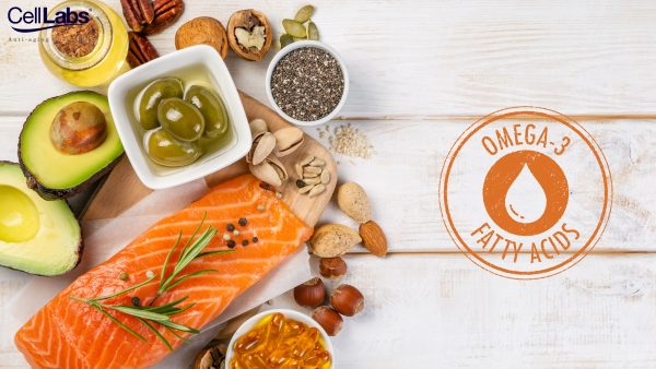 Image of omega-3 food sources as banner for blog on the benefits of omega-3.